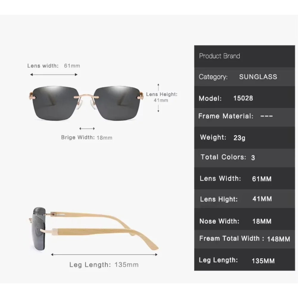 Rimless Sunglasses Wood Grain Arms Brown Gradient Lens Lightweight Fashion Gafas